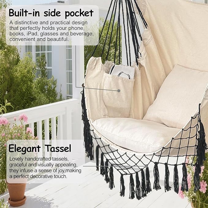 Hammock Chair Hanging Rope Swing ChairMax 450 Lbs Large Hanging Chair with Pocket 2 Cushions Removable Steel Bar Hardware Kit Included Sturdy and Comfortable for Indoor Outdoor (Beige)