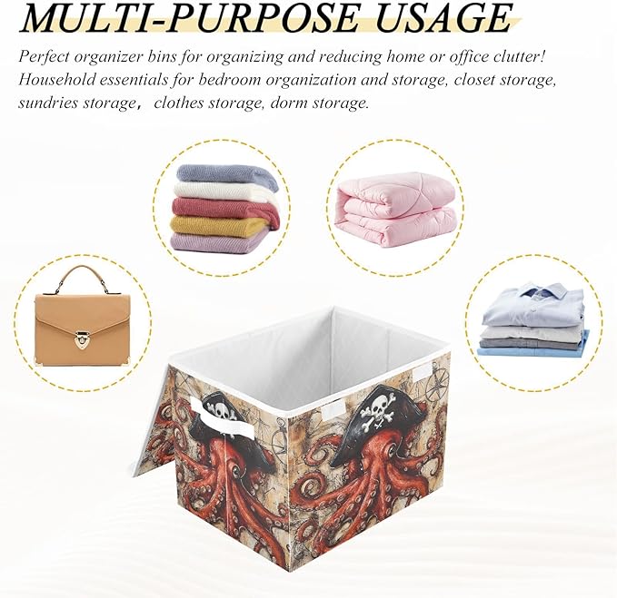 Octopus Pirate and Compass Collapsible Storage Bins with Lids Decorative Fabric Cubes Closet Organizer Basket Boxes Containers for Clothes Box Chest Folding Rectangle