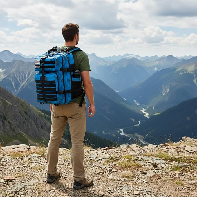 45L Military Tactical Backpack for Men &amp Women Bug Out Bag Assault pack Molle Daypack Hiking Trekking Rucksack (2.0 side pockets （blue tie dye）)