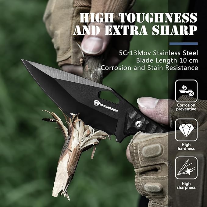 DRACHENADER Survival Knife SEAL-FULL BLACK 9 EDC Fixed Blade Tactical Horizontal Carry Knife for Men with Kydex Sheath 5mm Thick Stainless Steel G10 Anti-Slip Handle Ideal for Gifting Full Black