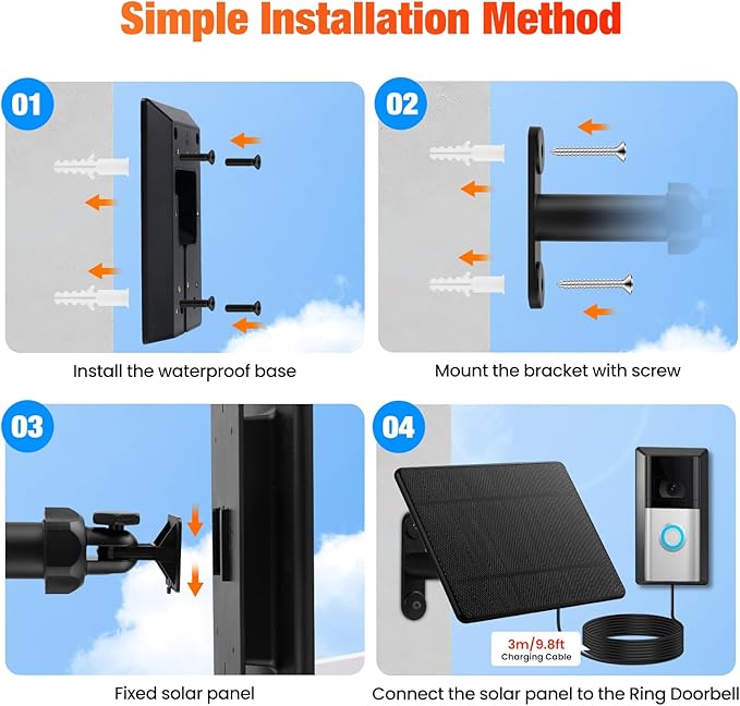 Solar Charger Only Compatible with Battery Doorbell (Type-C Port) Waterproof Continuously Solar Panel Adjustable Panel