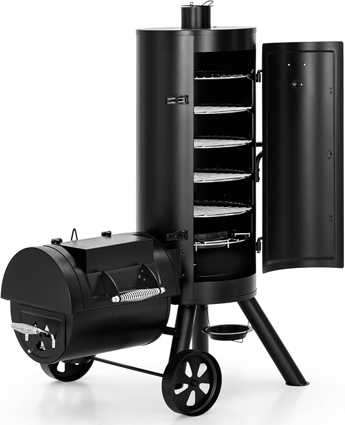 MFSTUDIO Vertical Offset Smoker Grill Extra Large Barrel Charcoal Grill with Smoker Combo for BBQ Smoking 961 SQ.IN.