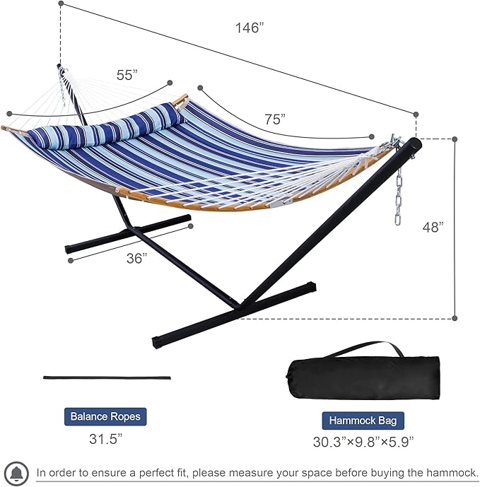 12 Ft Hammock with Stand for Outside 2 Person Hammock Freestanding with Curved Spreader Bars Pillow and Portable Bag Heavy Duty 450 Lbs Blue Stripes