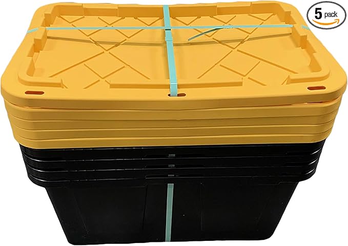 MonsterRAX 27 Gallon Storage Bins - Stackable Lockable Yellow Lids Black Bin 5-pack