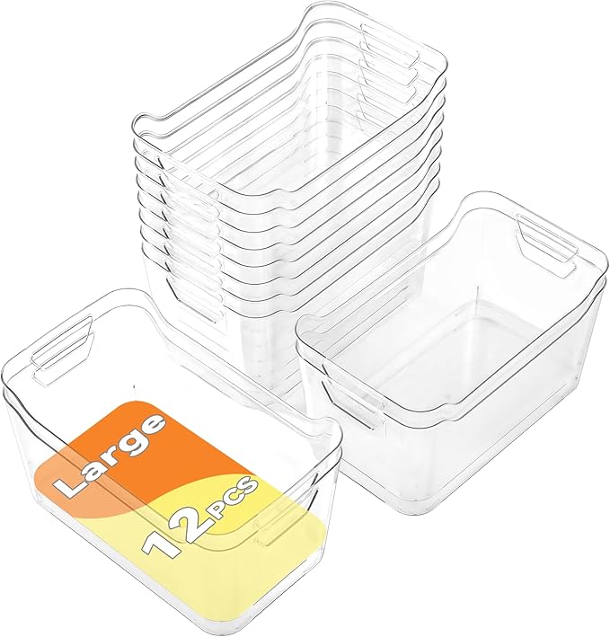 Clear Plastic Storage Bins - 12 Pack Pantry Organizers and StorageLarge Clear Pantry Organizer Bins Plastic Containers with Handle for KitchenFreezerCabinetClosetBathroom Under Sink