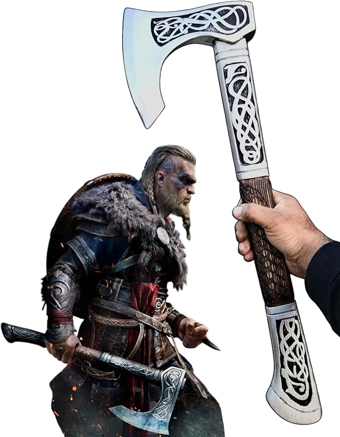 [DARK WARRIOR] Authentic Medieval Assassin's Creed Valhala Viking Battle Eivor AxeFully Functional Hand Forged Carbon Steel with Engraving Wood Shaft Personalised Gift for Viking &amp Gaming Lovers