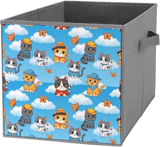 Foldable Storage Cube with Handles Cute Cats Sturdy Collapsible Organizer Bin for Heavy Items like Books &amp Tools Reinforced Sides for Durability