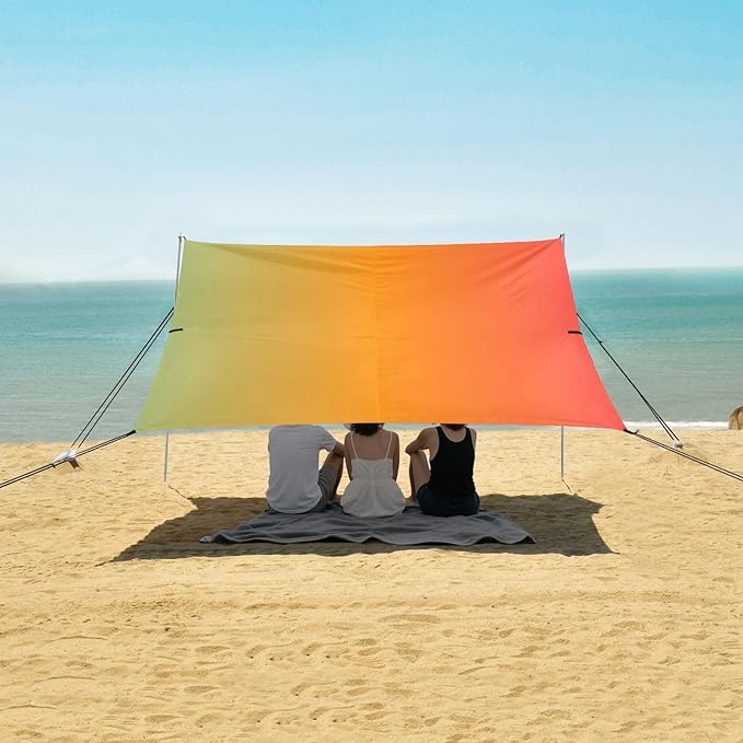 Green Red Gradient Foldable Beach Tent UPF50+ Waterproof Shade Sun Shelter with Sturdy Poles Sandbags and Shovel for Camping Picnics Backyard