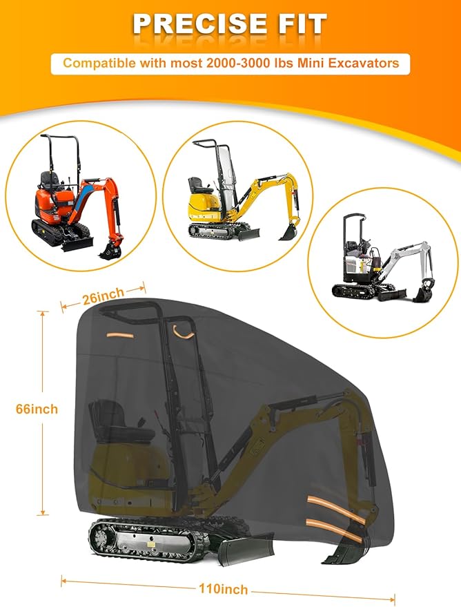 Mini Excavator Cover Fits 2000-3000 lbs Models 420D Waterproof Zippered Excavators Cover Compatible with Kubota K008-3/Bobcat E10/CAT 300.9D/Takeuchi TB210R UV Dust Snow Rain Protection Small