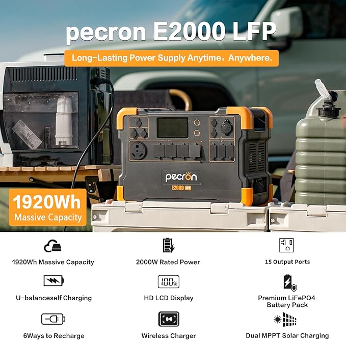 pecron Portable Power Station E2000LFP 1920Wh LiFePO4 Battery Backup 5X2000W AC Outlets Expandable to 8064Wh 1200W Max Solar Input Backup Power for Outdoors Camping Fishing Emergency