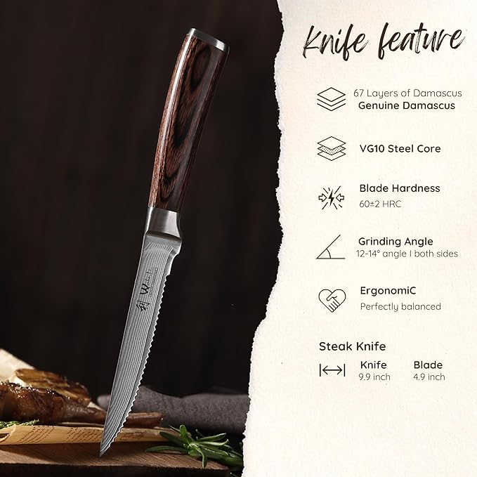 Wakoli EDIB 4-Piece Damascus Steak Knife Set – Professional Dining Kitchen Knives with VG10 Core Blades 67-Layer Damascus Steel &amp Ergonomic Pakkawood Handles – Premium Steak Cutlery in Gift Box