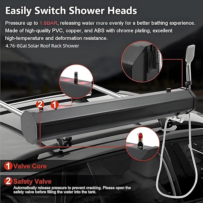 Road Camping Shower Pressurized Water Tank 4.76-8Gal Solar Roof Rack ShowerPortable Camping Showerhead Handheld with Storage Bag Device