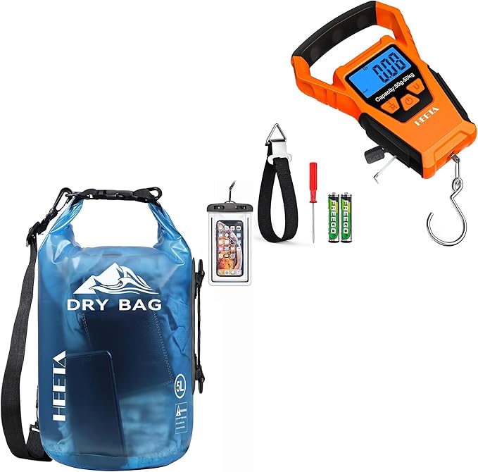HEETA Waterproof Dry Bag for Women Men (Transparent Blue 5L) Bundled with Waterproof Fish Scale Digital with Backlit LCD Display (Orange)
