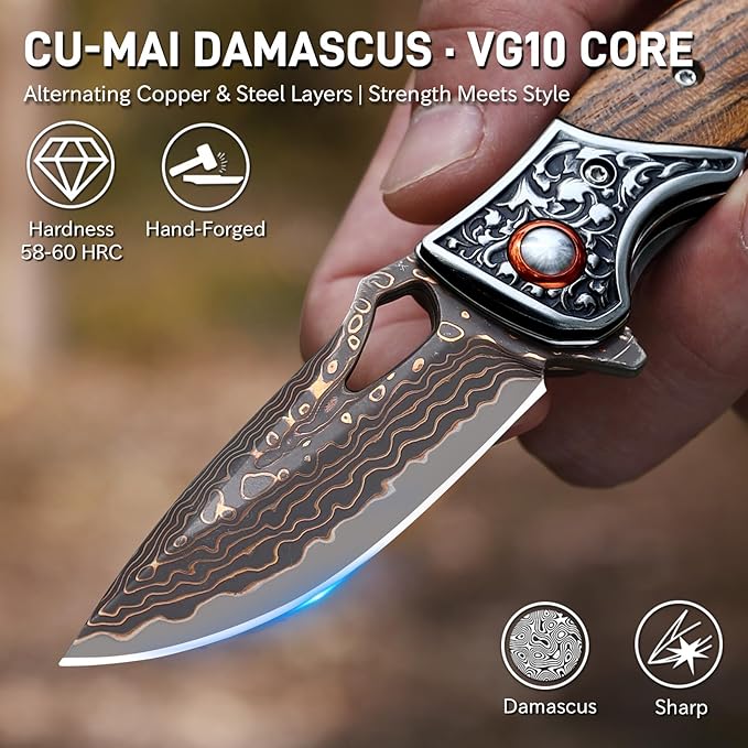 Damascus Pocket Knife Sharp 2.76 Copper Damascus Steel Blade and Wooden Handle Folding Knives for EDC Outdoor Camping Hiking Collection