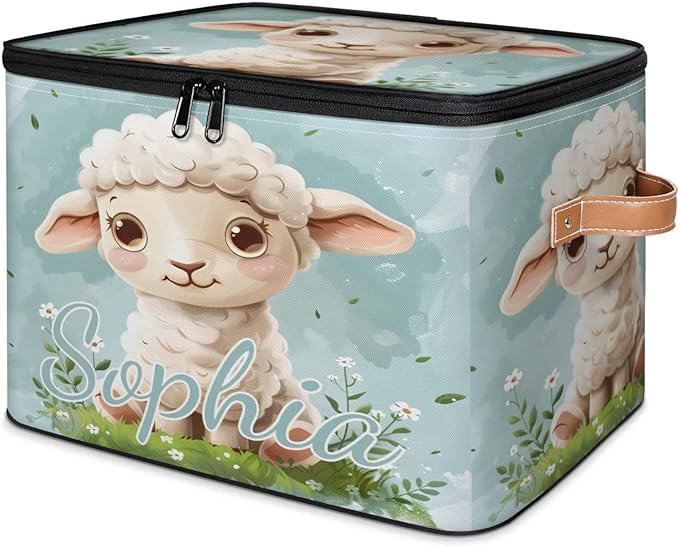 Custom Storage Basket with Name Personalized Storage Bins with Zipper Lid Foldable Fabric Storage Box Large capacity with Handle Flower Sheep