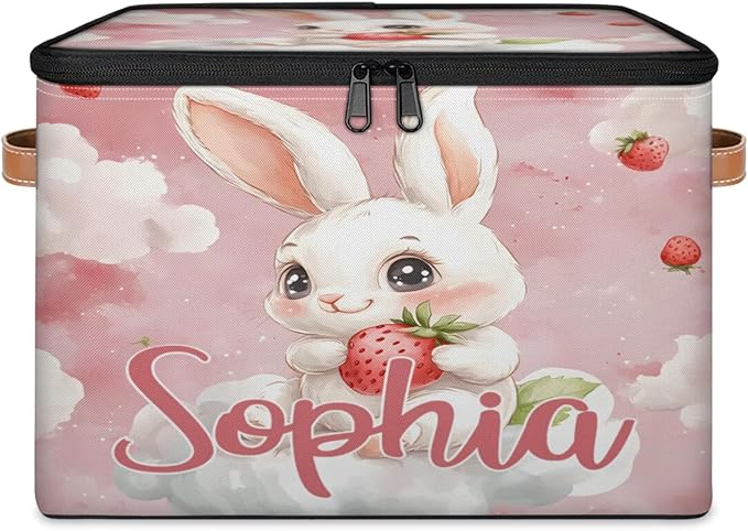 Custom Storage Basket with Name Personalized Storage Bins with Zipper Lid Foldable Fabric Storage Box Large capacity with Handle Clouds Rabbit Strawberry