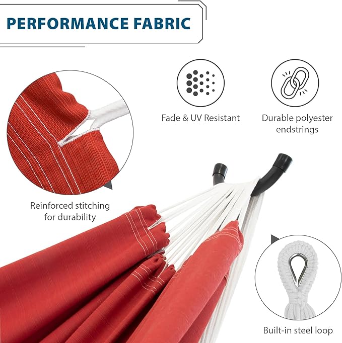Vivere Double Sunbrella Hammock with Space-Saving Steel Stand Heavy-Duty Portable Outdoor Hammock Set for Backyard Patio or Travel Crimson