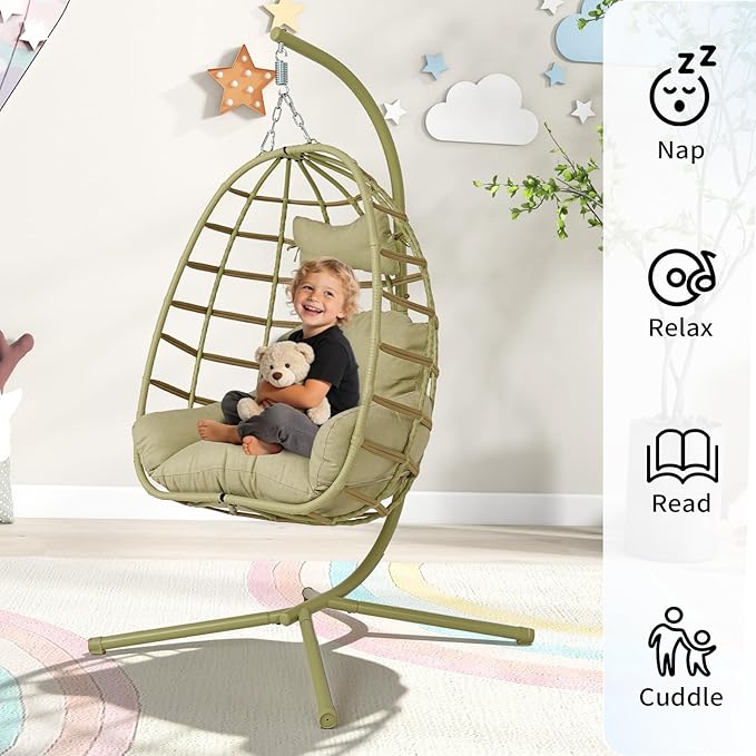 Hanging Egg Chair with Stand Outdoor Indoor Patio Rattan Swing Hammock Chairs with Washable Cushion 350lbs Capacity PE Wicker Swing Chair for Backyard Bedroom Garden (Cyan + Cyan Cushion)