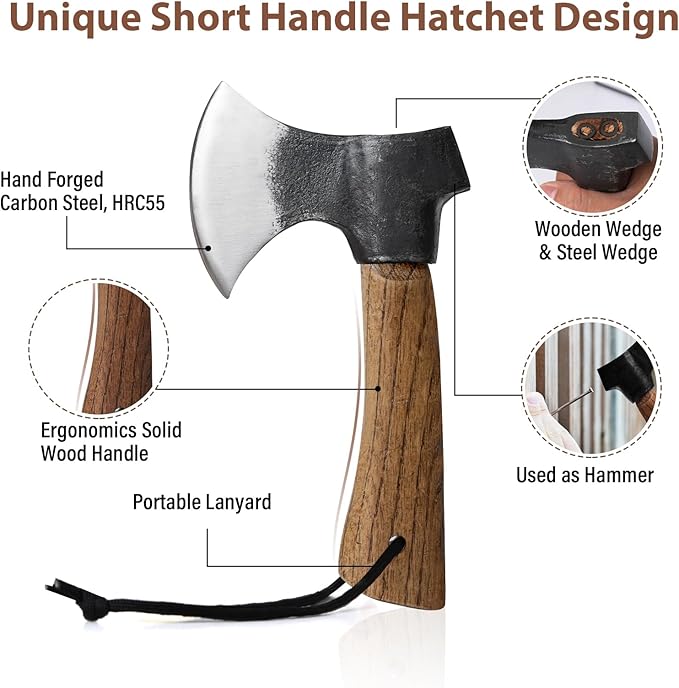 Small Camping Axe with Leather Sheath 8.46 Backpacking Hatchet with Wooden Handle Splitting Axe for Jungle Gardening Hunting Survival