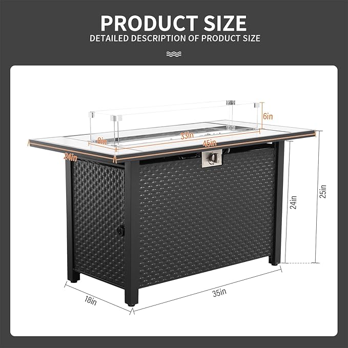 Outdoor Propane Fire Pit 45 Inch Patio Firepit Table with Fire Glass and Wind Guard for Outside Parties and Gatherings on Garden Backyard Porch