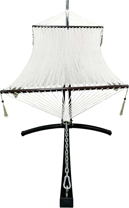 15 Ft. Indoor/Outdoor Heavy Duty Black Steel Arc Hammock Stand + Deluxe Hand Woven 2 Person Beige Bohemian Chic Rope Hammock Bed. 450Lb Capacity.