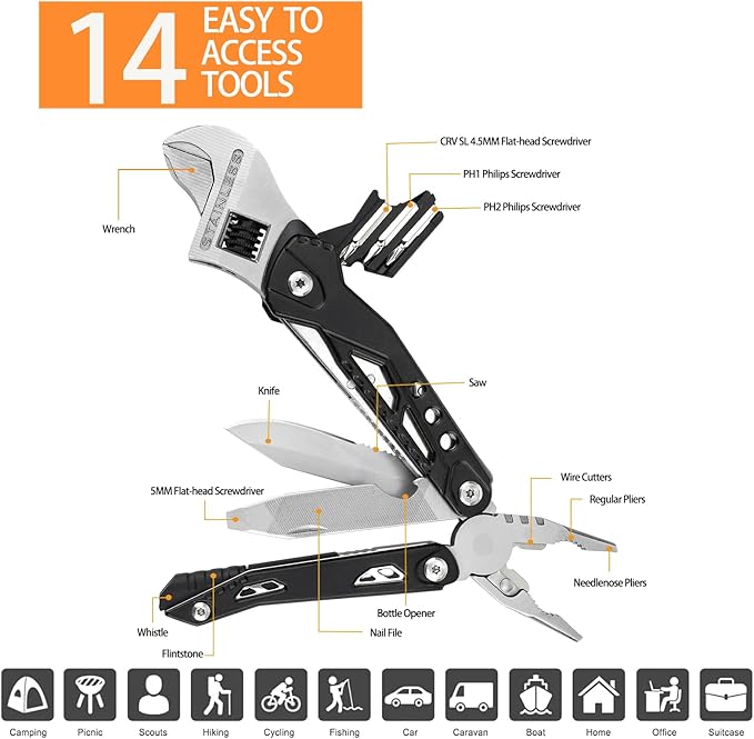 14-in-1 Adjustable Wrench Multitool EDC Compact Multi Tool with Pliers Knife Saw Screwdrivers 30Cr13 Stainless Steel Tool for Home Repair DIY Camping Hiking and Outdoor Use