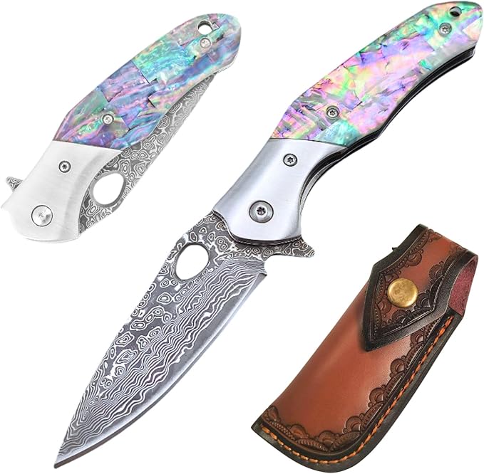 Outdoor Hiking folding knife wood handle pocket folding knifedamascus hunting Folding KnifeHandmade Forged VG10 Damascus Steel BladeGenuine Rainbow HandleEDC Cool Knives for Mens Gift Home