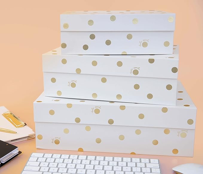 kate spade new york Decorative Storage Boxes with Lids 3 Pack Sturdy Organizer Storage Bins Includes Small Medium Large Pink Nesting Boxes with Magnetic Closure Gold Dot with Script
