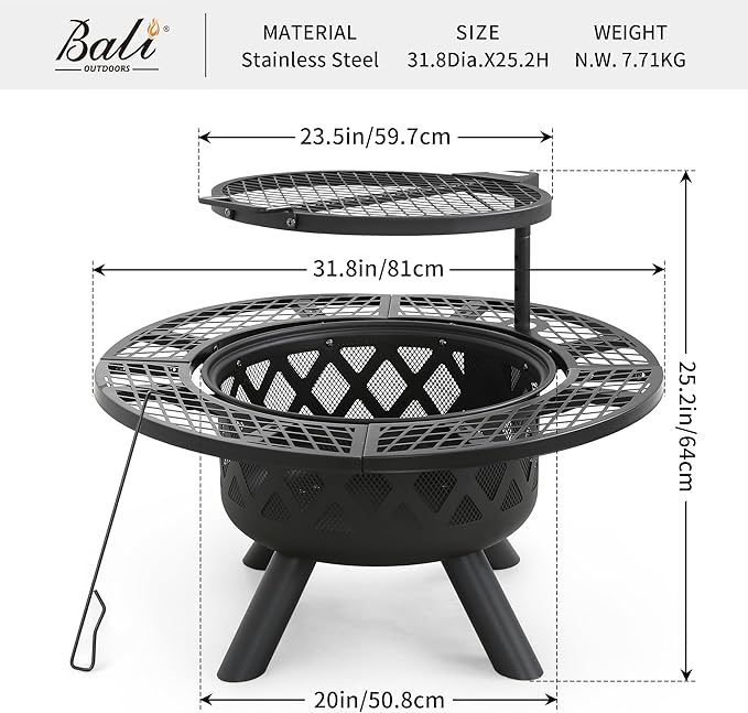 BALI OUTDOORS Fire Pit with Poker 32 inch Outdoor Fire Pit Patio Wood Burning Firepits for Outside with Grill