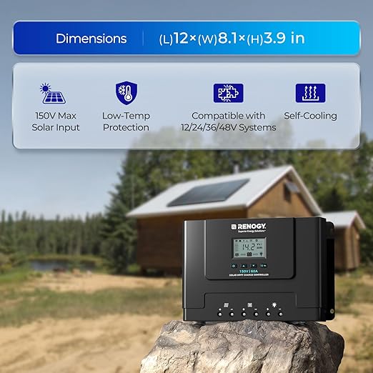 Renogy 60A MPPT Solar Charge Controller 12V/24V/36V/48V Auto 150V Maximum Solar Input Compatible with Lithium AGM Gel Batteries for Home RV Marine Workshop Rover Lite 60A
