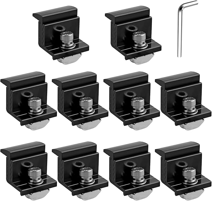 Anbte 10pcs Solar Panel Mounting Brackets 30-50mm Adjustable Aluminum Solar Panel End Clamp Include 10*Screw M8 and 1*Wrench Solar Mount Kit for Metal Roof Tin Roof Flat Roof Sheet Roof Black