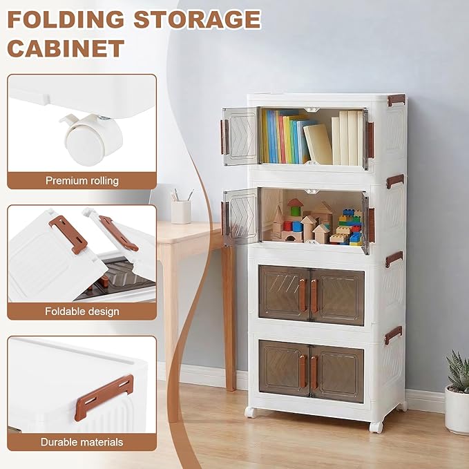 4 Tier Storage Bins with Lids Stackable Storage Bins with Wheels and Door Storage Cabinet Organizers for Home Foldable Containers (Transparent Door)