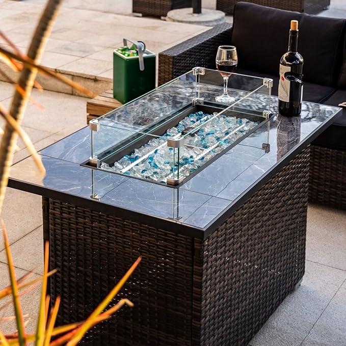 44in Outdoor Propane Gas Fire Pit Table 50000 BTU Auto-Ignition Gas Firepit with Glass Wind Guard Marble Tile Tabletop Mixed Color Glass Rocks Brown PE Rattan