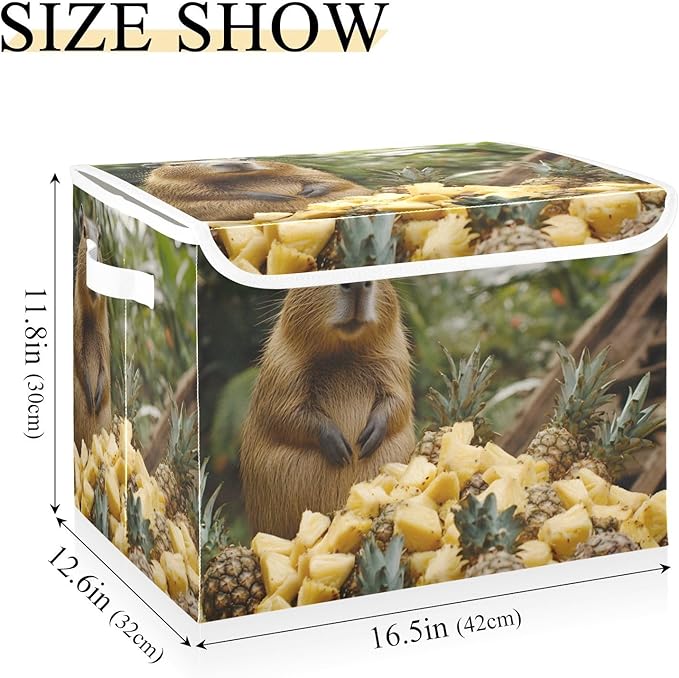 AIXIWAWA Lidded Storage Cube (Capybara Pineapple) Fabric Foldable Closet Bins with Flip Lid and Handles Organizer Basket Container 16.5 x 12.6 x 11.8 IN