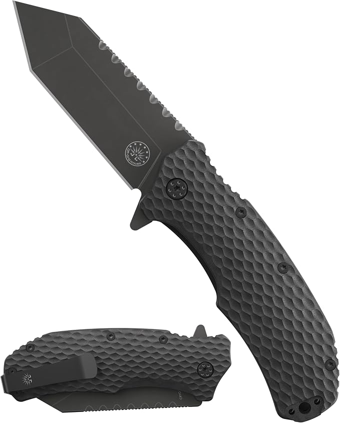 Off-Grid Knives - Rapid Fire Viper Assisted Tanto Blade Hard Use Build Tactical Camping &amp Survival EDC Cryo D2 Steel Blackwash G10 Scales Deep Pocket Carry (Blackout)