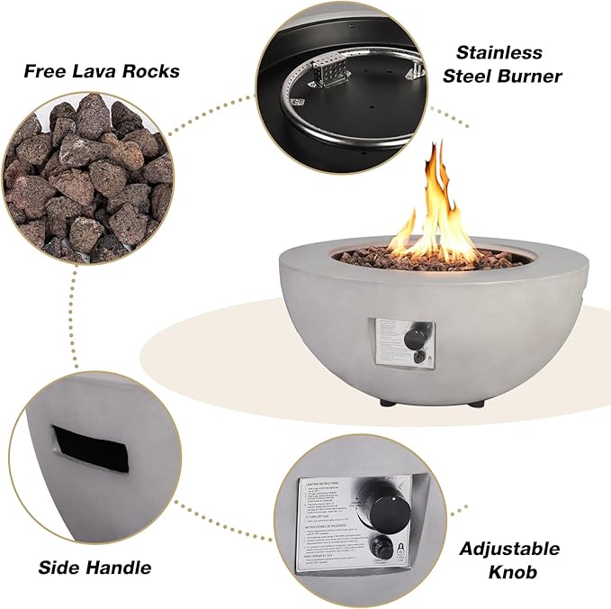 31.5 Inch Round Propane Fire Pit Table - Concrete Round Fire Bowl 50000 BTU Natural Gas Firepit Burner with Steel Lid Lava Rocks Waterproof Cover for Outside Patio Backyard Party