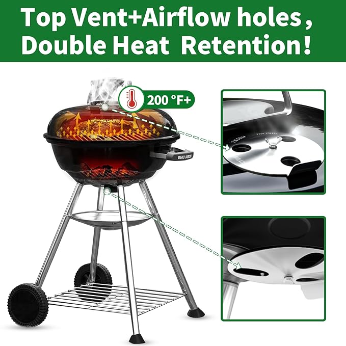 BEAU JARDIN Charcoal Grill 18 Inch for Outdoor Cooking BBQ Barbecue Coal Kettle Bowl Grill Portable Heavy Duty Round with Wheels Grilling for Tailgating Patio Backyard Camping Black