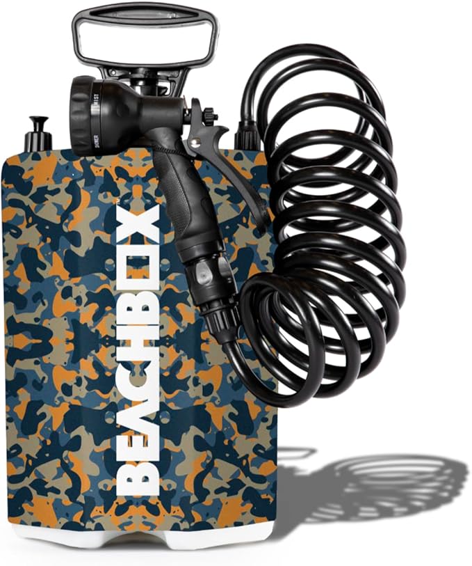 BeachBox Portable Shower Tank – Insulated Hot &amp Cold Water Tank for Camping Beach &amp Outdoor Adventures – 1.3 Gal Capacity – Multi-Spray Shower Gun – Easy Fill &amp Carry