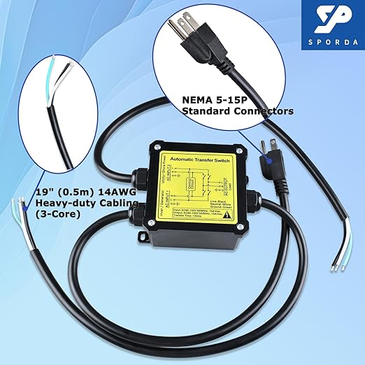 AC120V 15Amp Automatic Transfer Switch ATS Auto Transfer Switch with Core Wires and NEMA 5-15P