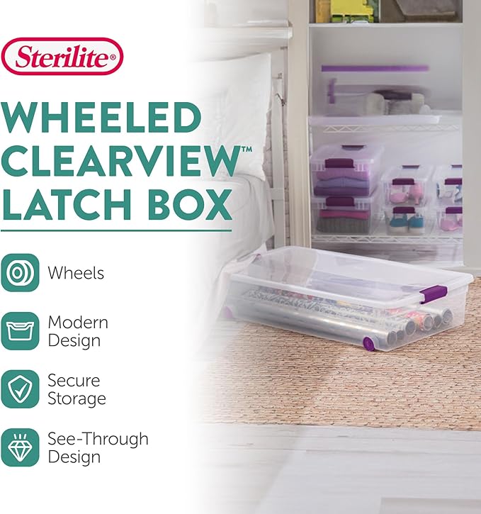 Sterilite 16-Pack 60 Quart ClearView Latch Box Wheeled Underbed Organizer Bins with Latching Lids - Clear Plastic Organization Containers for Closet Bedroom Shelving Units and Everyday Home Storage