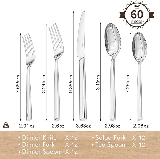 KINGSTONE Silverware Set 60-Piece Flatware Cutlery Set Premium Stainless Steel Service for 12 for Kitchen Home Wedding Party Mirror Polished and Dishwasher Safe