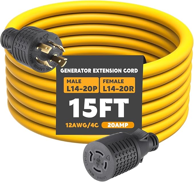 Tellegloww 15 ft 20 Amp Generator Extension Cord Compatible with NEMA L14-20P Male Plug to L14-20R Female Receptacle 4 Prong Twist Locking Generator Power Cord STW 4x12 Gauge 250 Volt 5000 Watts