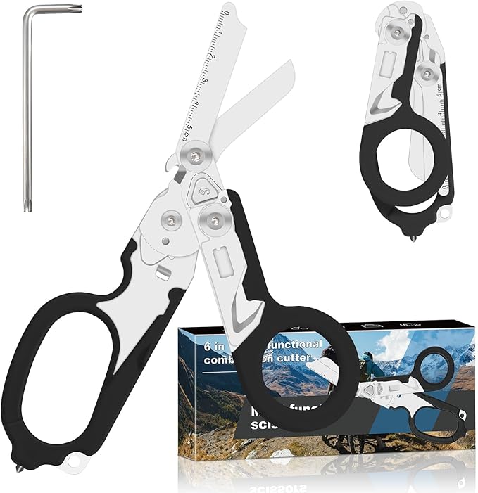 6 in 1 trauma shears Folding Retractable Emergency Shears Outdoor Camping Tools Seat Belt Cutter Oxygen Cylinder Wrench Complimentary Adjustable Wrench (black)