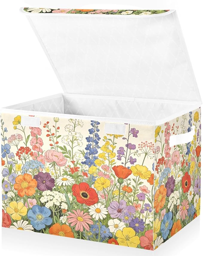 Spring Wildflowers Yellow Storage Box with Lid 1 PC Foldable Storage Bin with Lids Stackable Storage Bins Cube Closet Organizer Basket with Flip-Top Lid &amp Handles for Shoes Books Towels