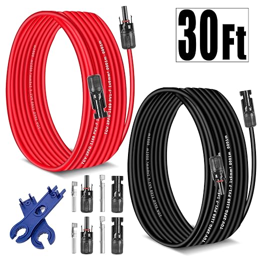 Solar Extension Cable 30 Ft 10AWG (6mm²) Solar Power Cable Wire Male Female Connectors Gauge 30' 30A Wire for Roof PV Wire Solar Panel Cables 10 Gauge Wire