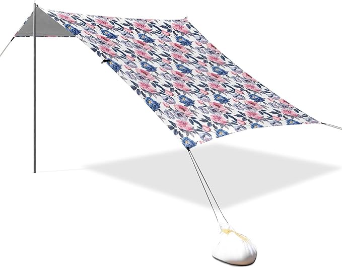 ALAZA Peony Watercolor Flowers Beach Tent Sun Shelter UPF50+ Protection Beach Shade Canopy w/ 4 Sandbags for Outdoor Camping Fishing Backyard Fun Picnic 10x9 ft