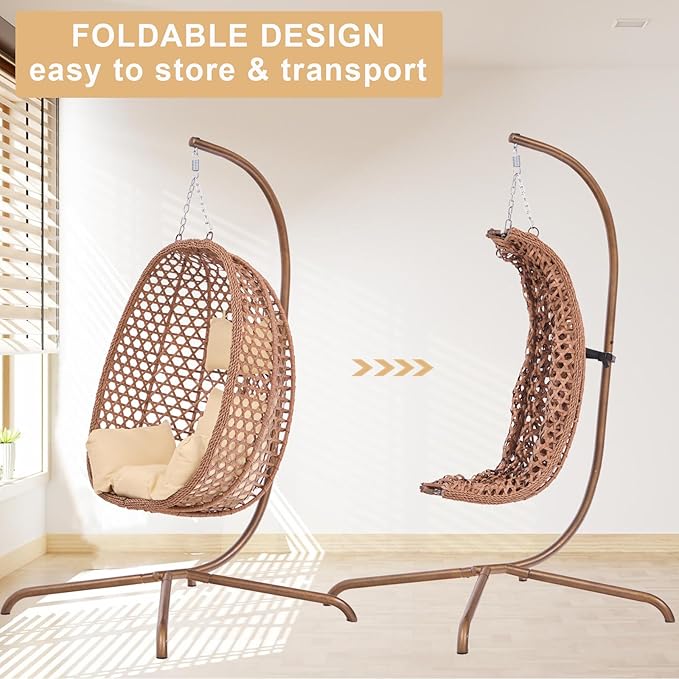 Indoor Hanging Chair with Stand for Bedroom Hexagon Rattan Wicker Swing Egg Chair for Bedroom Porch Garden Patio Outdoor Hammock Egg Swing Chair with Cushion350LBS Capacity (Beige)