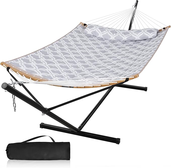 Large Hammock with 12FT Steel Stand Freestanding Hammock with Curved Spreader Bar Pillow and Portable Bag for Outside Gray Ripples