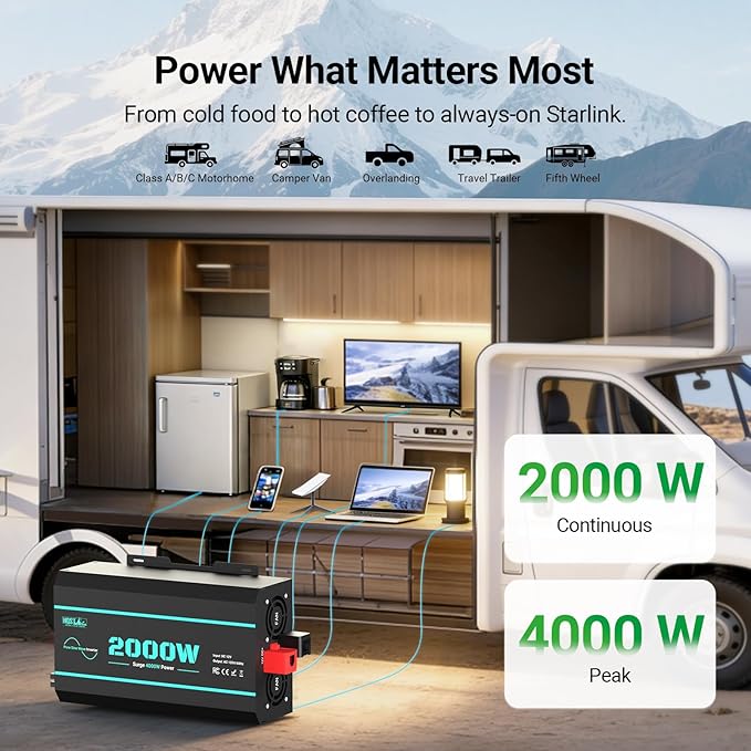 HQST 2000W Pure Sine Wave Inverter 12V DC to 110V AC Converter w/ 4000W Peak GFCI Protection 3X AC Sockets Hardwire Port Remote Solar Power Inverters for Vehicles Camping RVs Home Off Grid