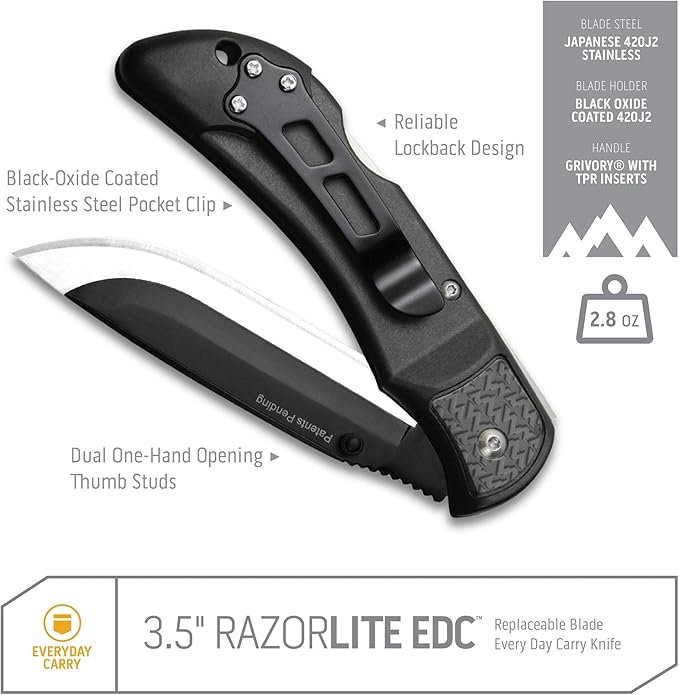 OUTDOOR EDGE 3.5 RazorLite EDC Knife. Pocket Knife with Replaceable Blades and Clip. Perfect For Hunting and Skinning Deer. Gray with 6 Blades